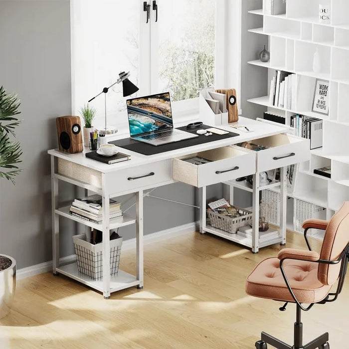 Office Small Computer Desk: Home Table with Fabric Drawers & Storage Shelves, Modern Writing Desk, White, 48"x16"