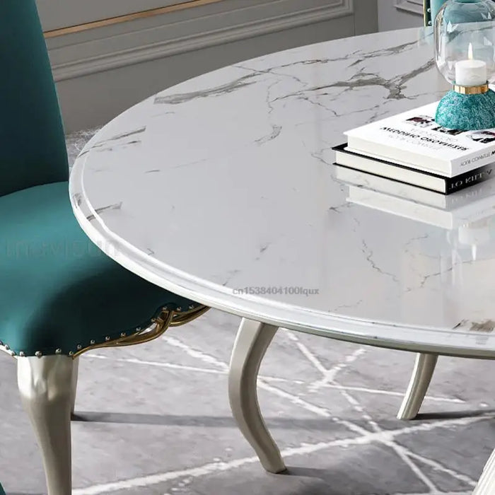 Luxury Kitchen Table With 5 Chairs Funnel Shape Stainless Wood Base Home Furniture White Marble Tabletop Round Dining Table Set