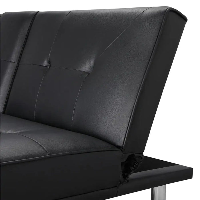 Easyfashion Modern Faux Leather Futon with Cupholders and Pillows, Black