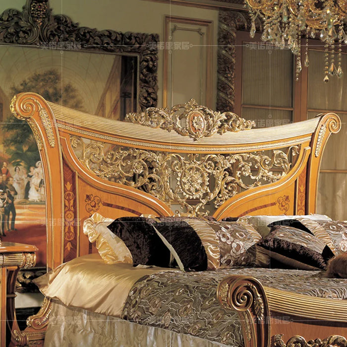 Custom European solid wood carved luxury gold double bed villa bedroom 1.8m princess bed