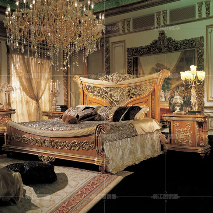 Custom European solid wood carved luxury gold double bed villa bedroom 1.8m princess bed