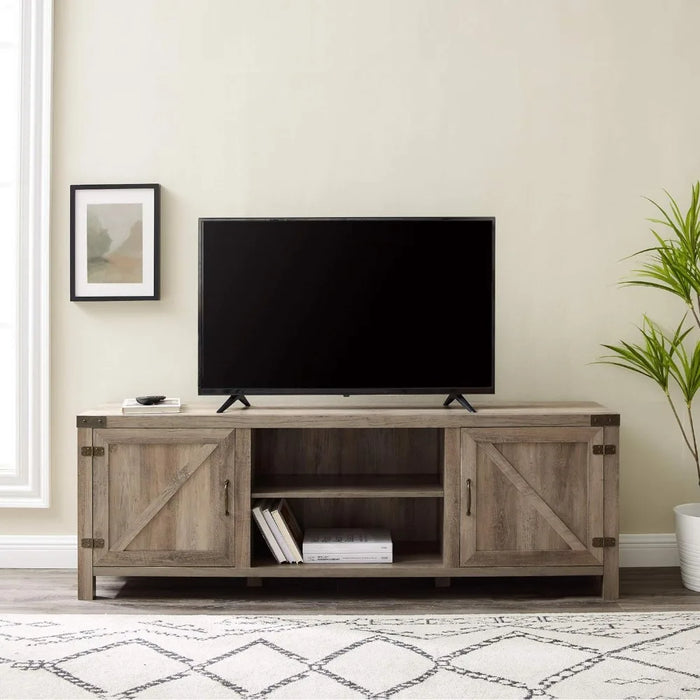 Modern double barn door TV cabinet, suitable for up to 80 inch TVs, with adjustable shelves, durable structure
