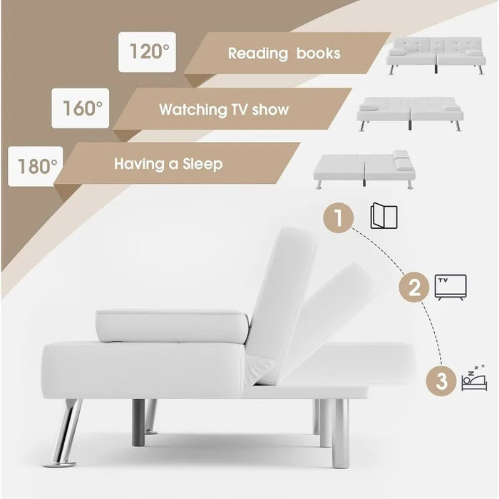 Futon Sofa Bed Modern Couch, Convertible Folding Futon Couch Recliner Lounge with 2 Cup Holders with Armrest (White)