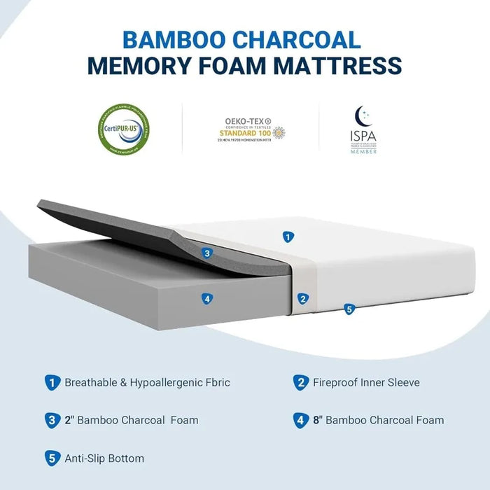 Bamboo Charcoal Foam Queen Size Bed Mattresses for Cooling Sleep, Medium Plush & CertiPUR-US Certified