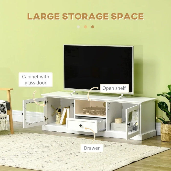 White Modern TV Stand Cabinet for TVs up to 60 Inches,Entertainment Center with Drawer and Glass Doors for living room furniture
