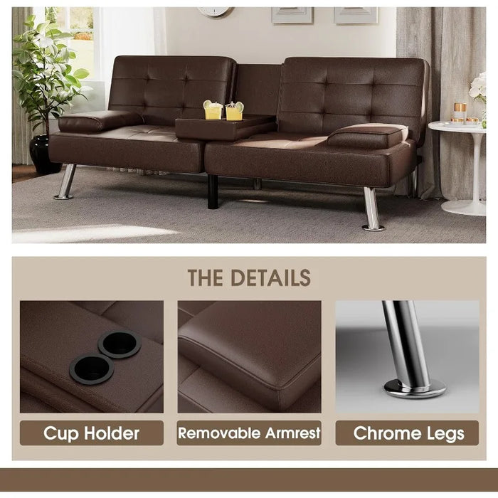 Futon Sofa Bed Modern Faux Leather Couch,Convertible Folding Futon Couch Recliner Lounge with 2 Cup Holders with Armrest (Brown)
