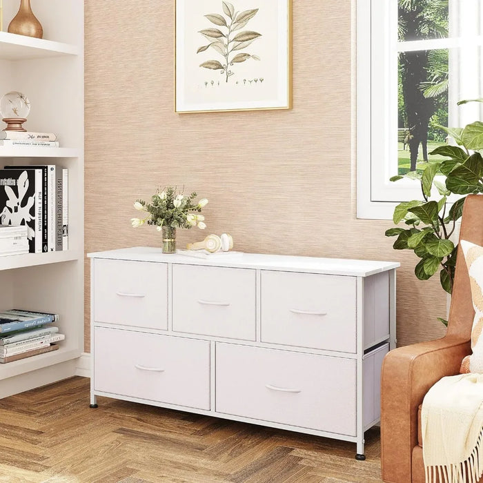 WLIVE Dresser for Bedroom with 5 Drawers, Wide Chest of Drawers, Storage Organization Unit with Fabric Bins for Closet