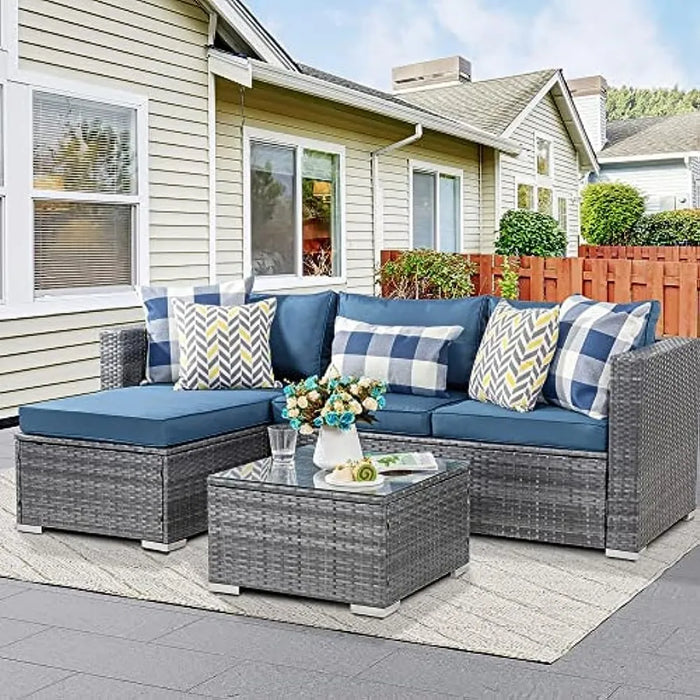 Shintenchi Patio Furniture Sets 3 Pieces Outdoor Sectional Sofa Silver All-Weather Rattan Wicker Sofa Small Patio Conversation