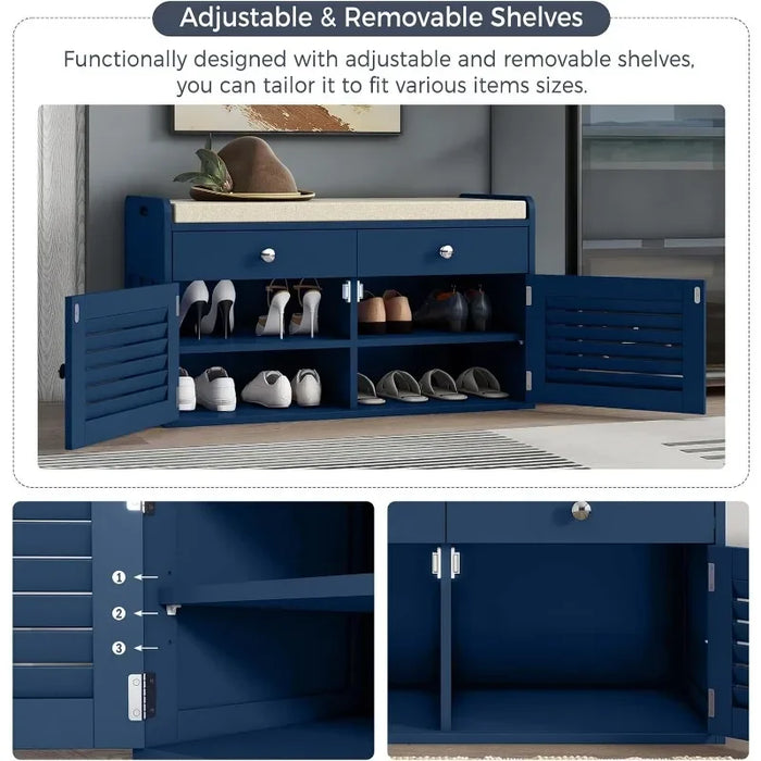 WARMHONIU Shoe Storage Bench with 2 Drawers & 2 Door Cabinet Entryway Bench with Shoe Storage Shoe Bench with Cushion