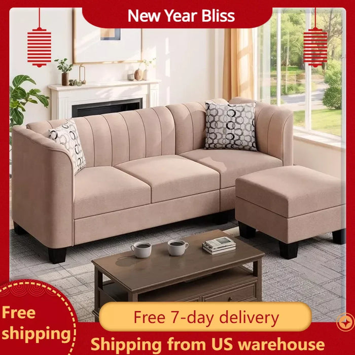 Living room sofa L-shaped convertible modular sofa bed puff furniture with high armrestfabric comfort home furniture, beige