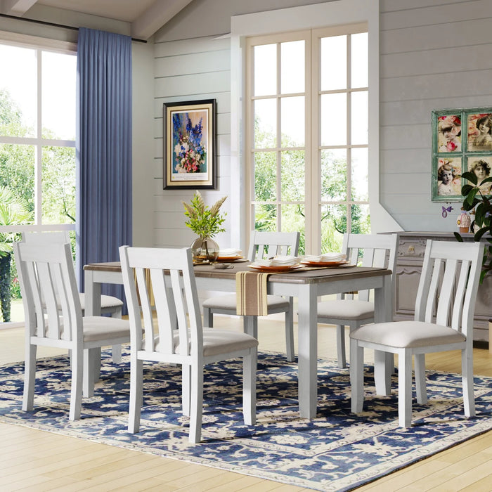 Retro Style 7-Piece Dining Table Set with Extendable Table and 6 Upholstered Chairs (Brown+White)