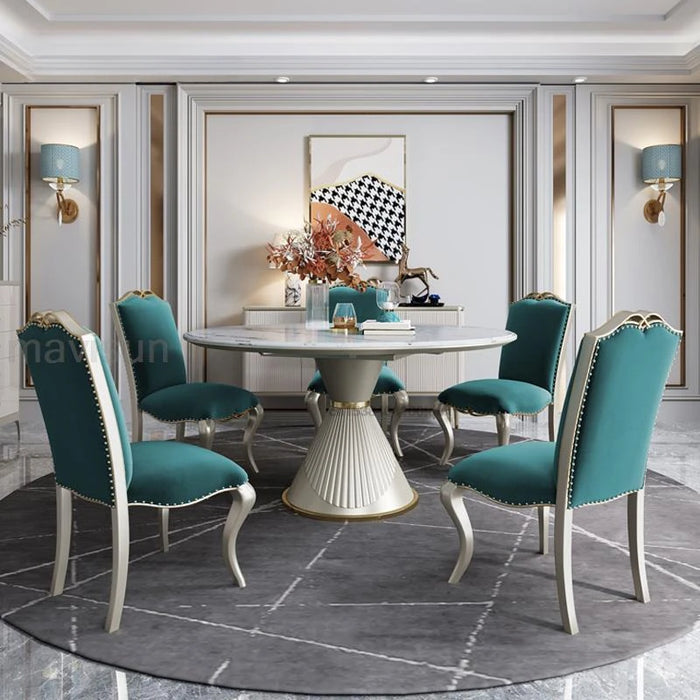 Luxury Kitchen Table With 5 Chairs Funnel Shape Stainless Wood Base Home Furniture White Marble Tabletop Round Dining Table Set