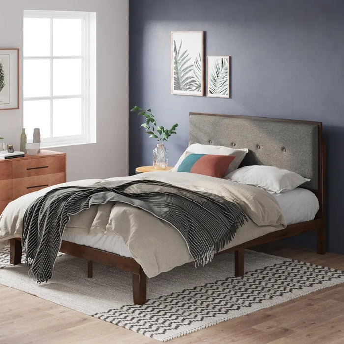 Moiz Wood Platform Bed Frame with Adjustable Upholstered Headboard / Solid Wood Bed / Wood Slat Support / No Box Spring Needed