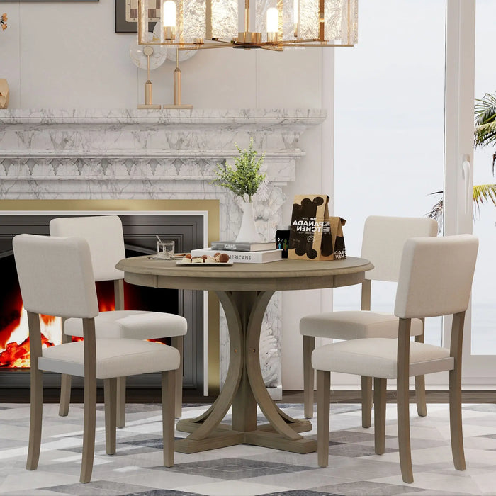 5-Piece Retro Round Dining Table Set with Curved Trestle Style Table Legs and 4 Upholstered Chairs for Dining Room