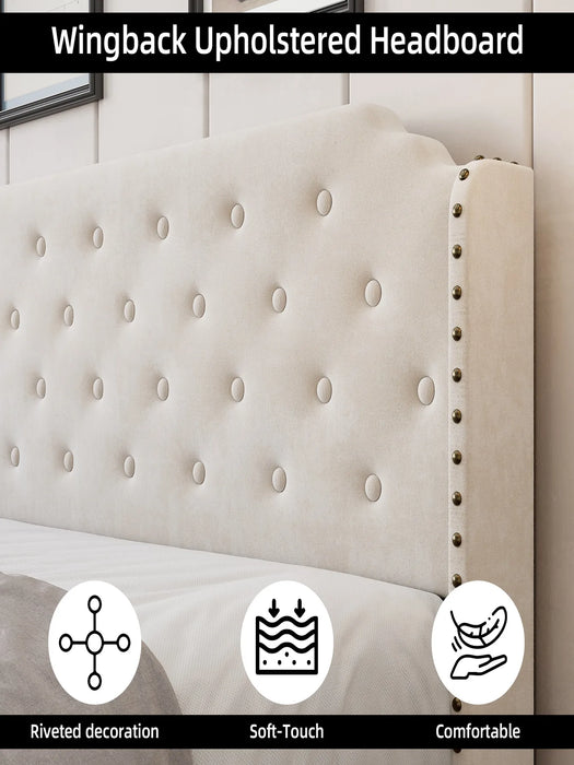 King Bed Frame, Velvet Platform Bed Frame with Headboard, Upholstered Bed Frame with Rivet Wingback Headboard