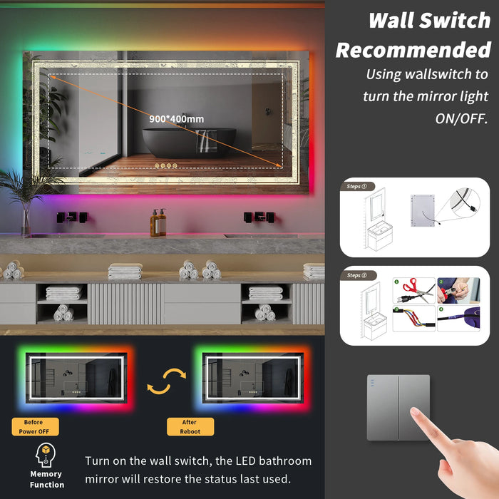 RGB LED Bathroom Mirror, Large Backlit Vanity Mirror with Lights, RGB Lighted Mirror for Wall, Anti- Fog, Dimmable , CRI 90