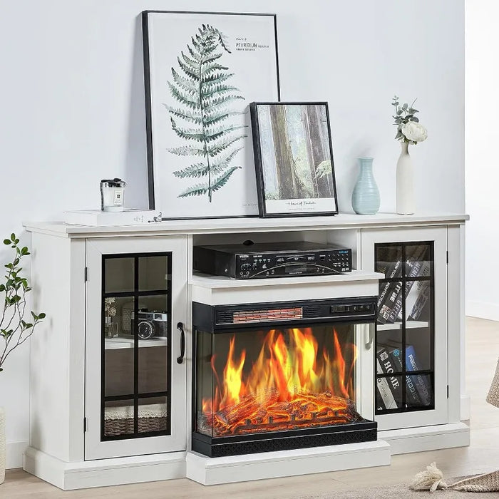 Fireplace TV Stand 59" Media Entertainment Center with Farmhouse Glass Door Storage Cabinet, TV Console Table for TVs up to 65"