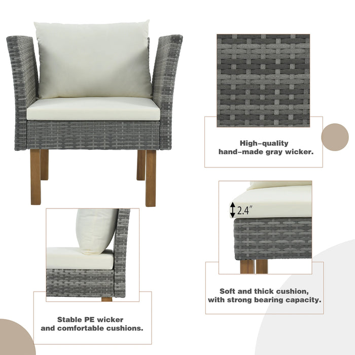 9Pcs Outdoor Patio Garden Wicker Sofa Set Gray PE Rattan Wood Legs Acacia Wood Tabletop Armrest Chairs W/Beige/Grey Cushions