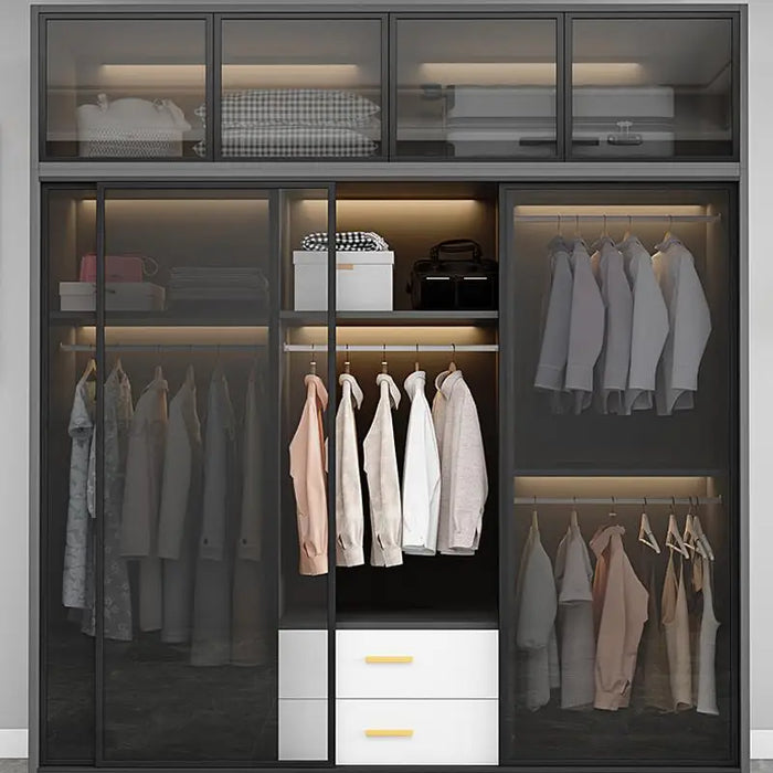 Luxury Wood Closets Italian Clothes Cabinet With LED Light And Storage Drawers Transparent Glass Sliding Door Bedroom Wardrobes