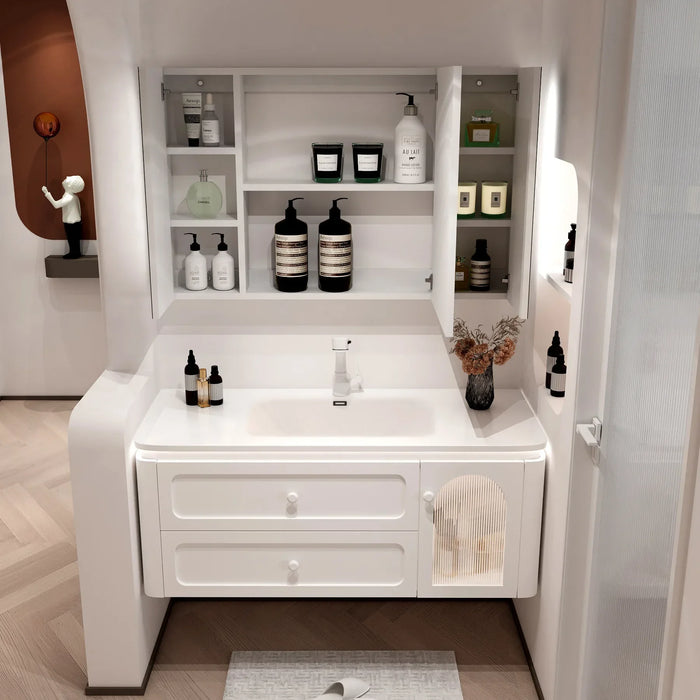 Bathroom Cabinet White Integrated Sink Smart Mirror Wall Mounted Countertop Combo Undermount Ceramic Vessel Chorme Faucet Drain