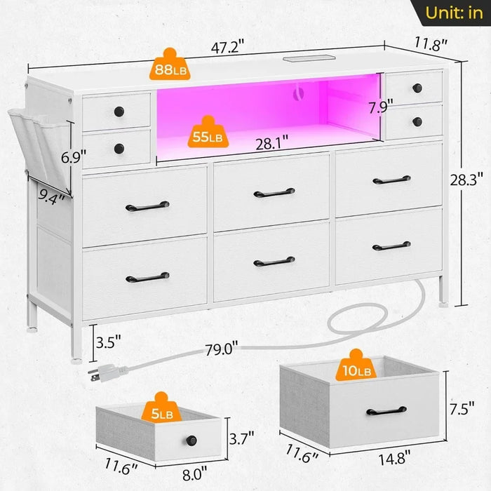 10 Drawers Dresser With Side Pocket Dressing Table Fabric Chest of Drawers With PU Finish Dressers for Bedroom Furniture White