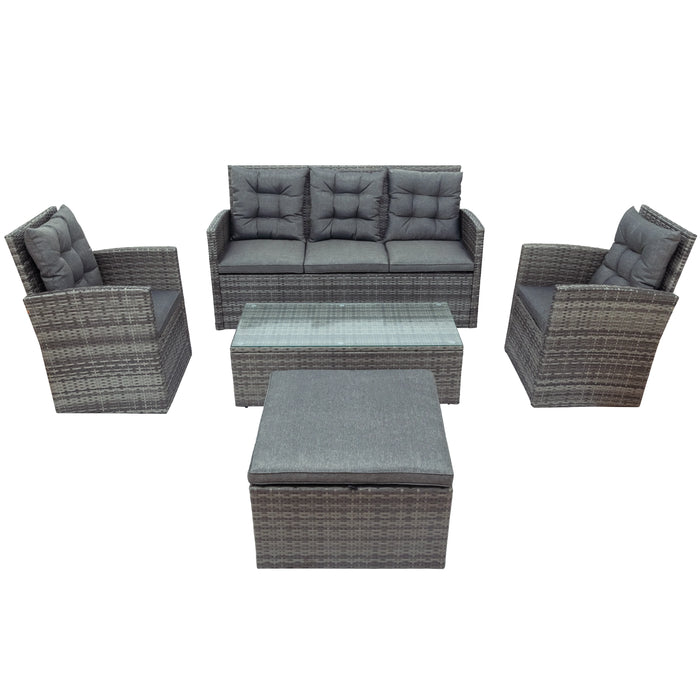 5-piece Outdoor UV-Resistant Patio Sofa Set with Storage Bench All Weather PE Wicker Furniture Coversation Set with Glass Table