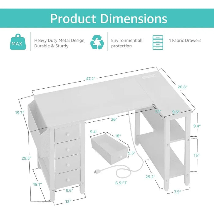 Lufeiya White L Shaped Computer Desk with Drawers & Storage Shelves, 47 Inch Corner Desk with Power Outlet for Home Office
