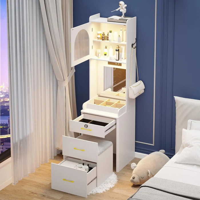 Small Vanity Desk with Mirror and Lights, White Makeup Vanity Table with Drawers for Small Space, Small Corner Vanity Desk Set D