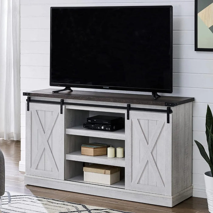 Living Room Furniture for Tv Table Gray Wash Wood TV Stand With Sliding Barn Door Entertainment Center With Storage Cabinet Ps5