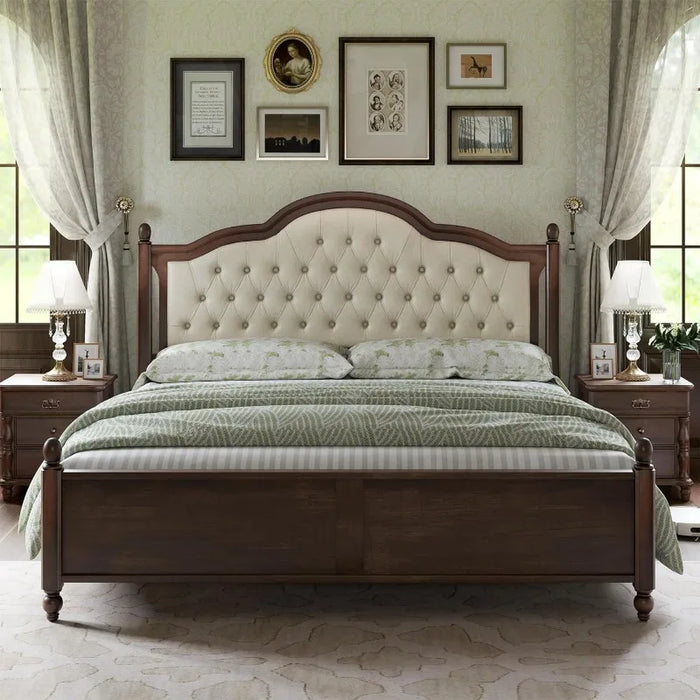 AMERLIFE Solid Wood Bed Frame Queen Size, Transitional Platform Bed with 52.5" Upholstered Tufted Headboard