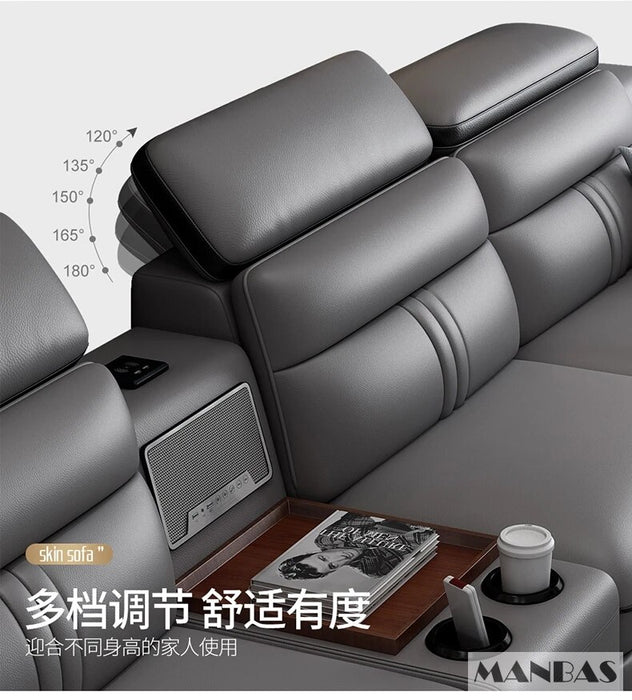 Linlamlim Leather Sectional Sofa Set with Cup Holder, USB, Adjustable Headrests & Bluetooth Speaker Living Room Couch with Stool