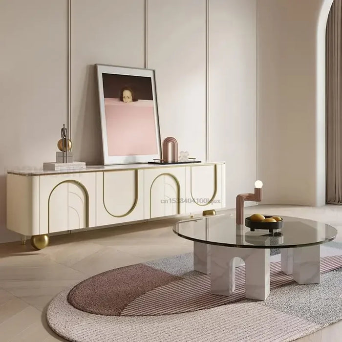 Cream Style TV Cabinets Large Storage Gold Ball Stainless Steel Feet Pressed Doors Concise TV Stand Living Room Furniture