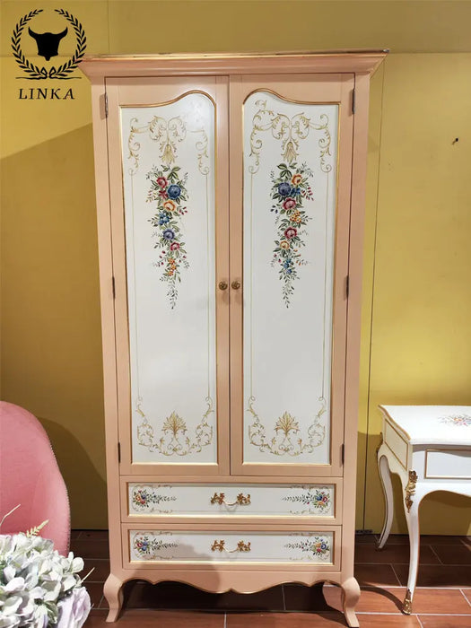 Luxury French art hand-painted all solid wood double door wardrobe exquisite hand pasted gold foil bedroom lockers