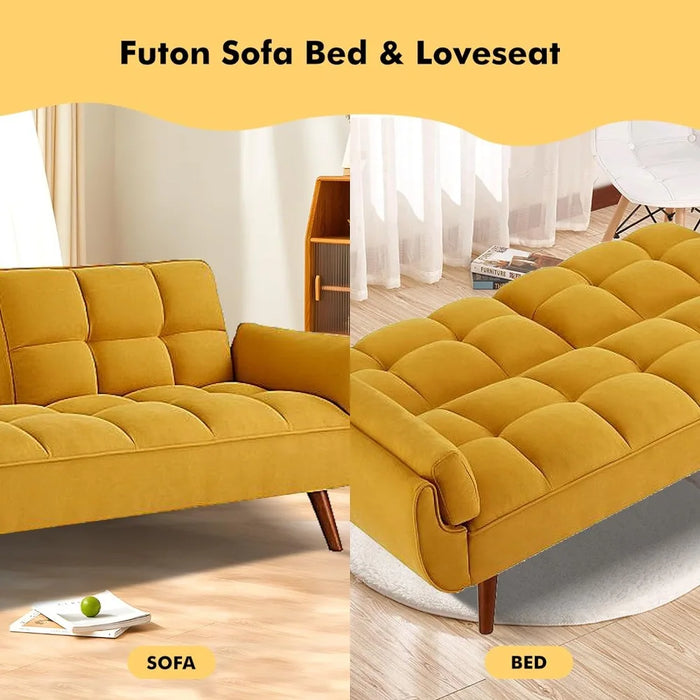 Linen Futon Sofa Bed Loveseat, Adjustable Backrest Convertible Sleeper Reclining Couch with Tapered Wood Legs, Yellow