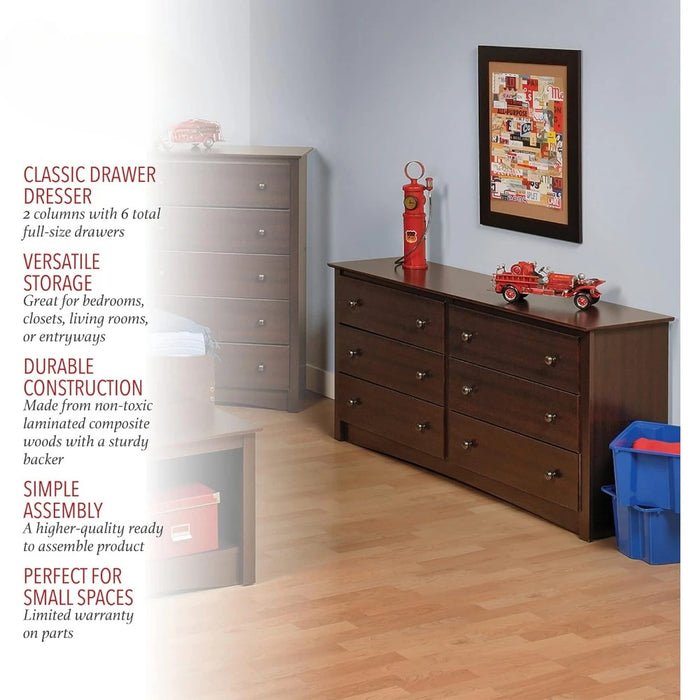 6-Drawer Wide Chest of Drawers Dresser for Bedroom Set 59”W X 16“D X 29”H Home Furniture Makeup Dressing Table With Mirror Desk