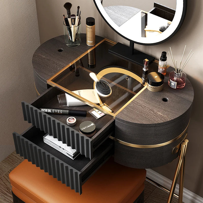 Dressing table,storage dressing table makeup stool set, super storage, LED light makeup mirror, smoky black matte color