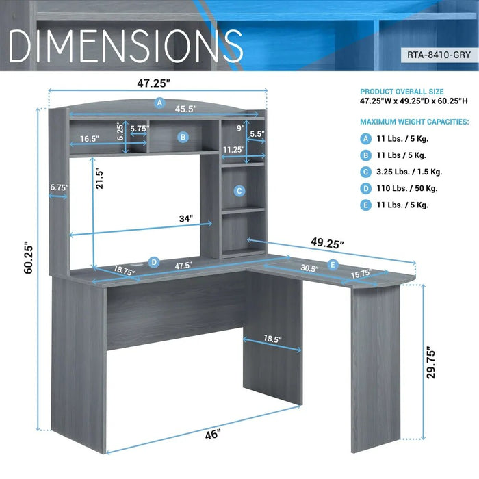 New Modern L-Shaped Desk with Hutch, Grey  Computer Desks  Bed Table  Study Table  Office Furniture  Standing Desk