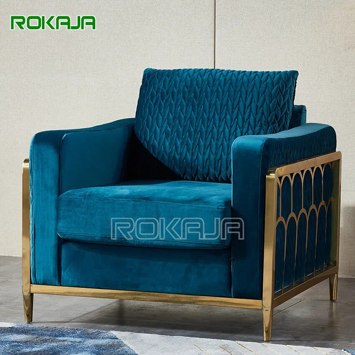 New Design Tufted Sofa Gold Stainless Steel Living Room Furniture Sets 6 Seater Sofa Set Modern Velvet Fabric Sofa