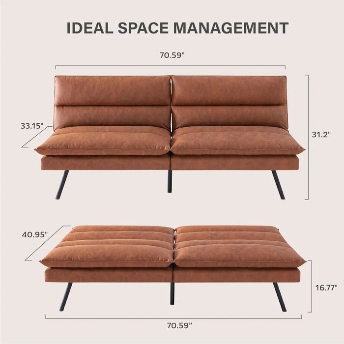 Sofa Bed,Multi-Functional Design Memory Foam Futon Couch with Adjustable Backrest,Leather Convertible,Sofa for Living Room,Brown