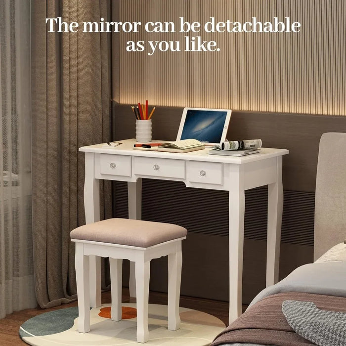 Drawer Table with Lighted Mirror, Makeup Vanity Dressing Table with LED Lights, Storage Shelves Cushioned Stool & 2 Drawers