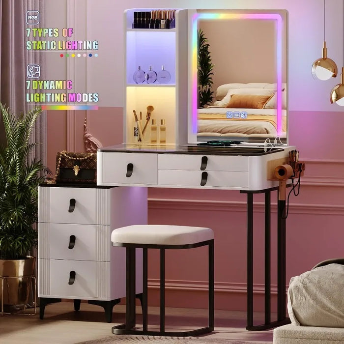 Vanity-with-Mirror-and-Lights Makeup Desk - White Dressing Table Set with Chair Glass Desktop Charging Station 6 Drawers