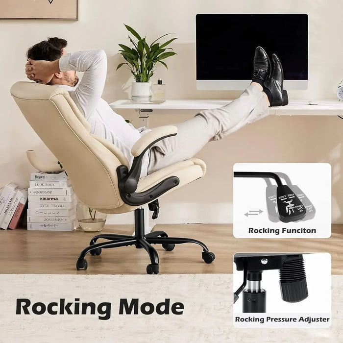 High Back Big and Tall Leather Office Desk Chairs with Flip Up Arms Lumbar Support, Adjustable Height,Wheels, Soft Padded, Cream