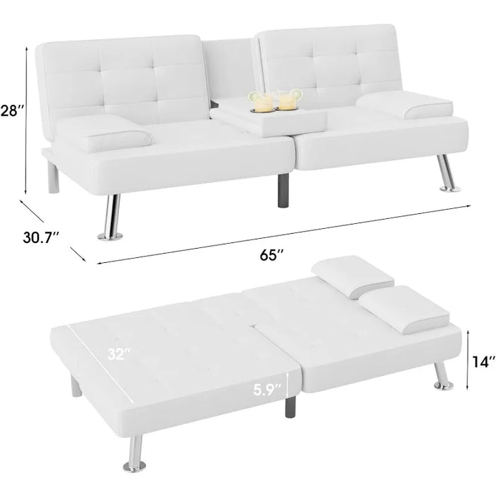 Futon Sofa Bed Modern Couch, Convertible Folding Futon Couch Recliner Lounge with 2 Cup Holders with Armrest (White)
