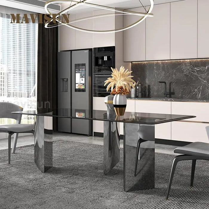 Mobile Minimalist Dining Table 12mm Thicken Ash Glass Tabletop Stainless Steel Legs Console Juegos De Comedor Home Furniture