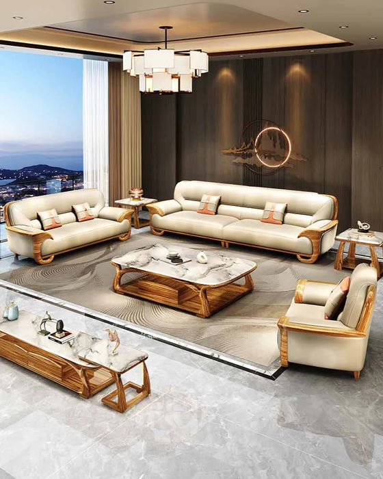 Modern minimalist leather sofa, new Chinese style solid wood size unit, European style living room, 2024 new combination