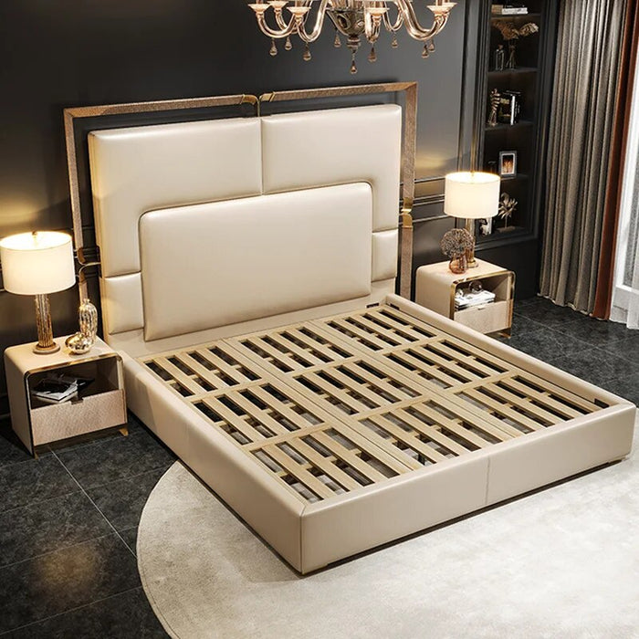 Light Luxury Leather Bed Master Bedroom Modern Simple 1.5M / 1.8M Double Bed High-End Villa Napa Head Layer Leather Wedding Bed
