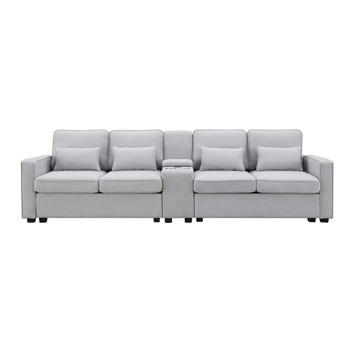 Upholstered Sofa with Console, 2 Cupholders and 2 USB Ports Wired or Wirelessly Charged, Linen Fabric Couches with 4 Pillows