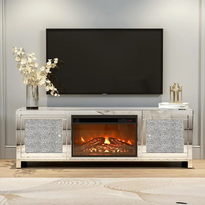 TV Stand Mirrored Media Entertainment Center for TV up to 55 inch, Silver TV Console Table Mirrored Furniture for Living Room