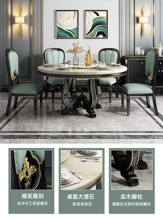 American solid wood dining table and chair combination European marble 1.3m light luxury dining table chair round with turntable