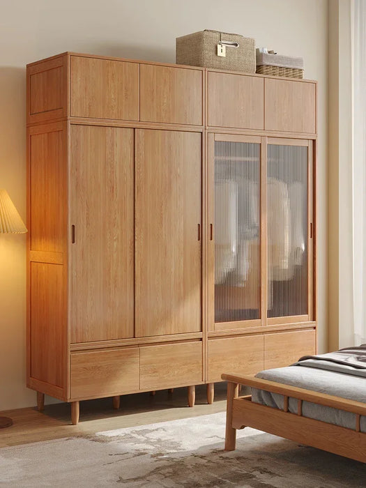 Solid wood wardrobe, home bedroom storage cabinet, small unit, natural wood oak hanging wardrobe, sliding door wardrobe